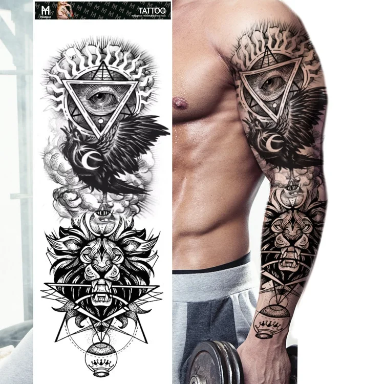 Sdrawing Arm Temporary Tattoo Wolf Lion Fish Horns Geometric Man Body Leg Rose Flower Phoenix Waterproof Sticker Cool Women Tatoo