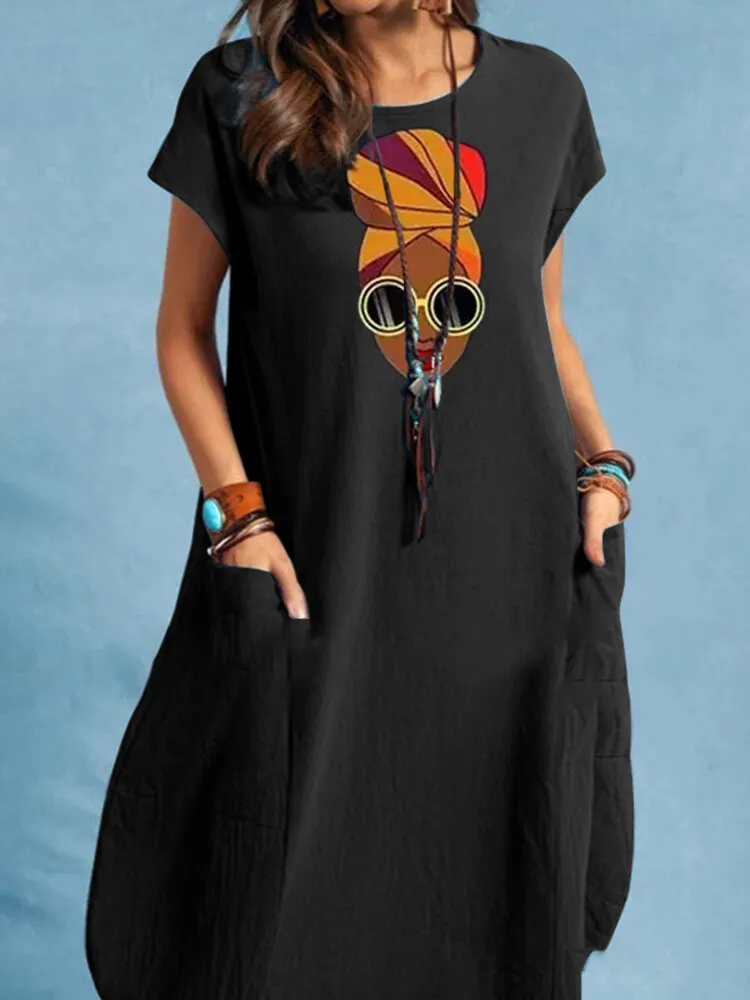 Portrait Print Pocket Short Sleeve Crew Neck Vintage Dress