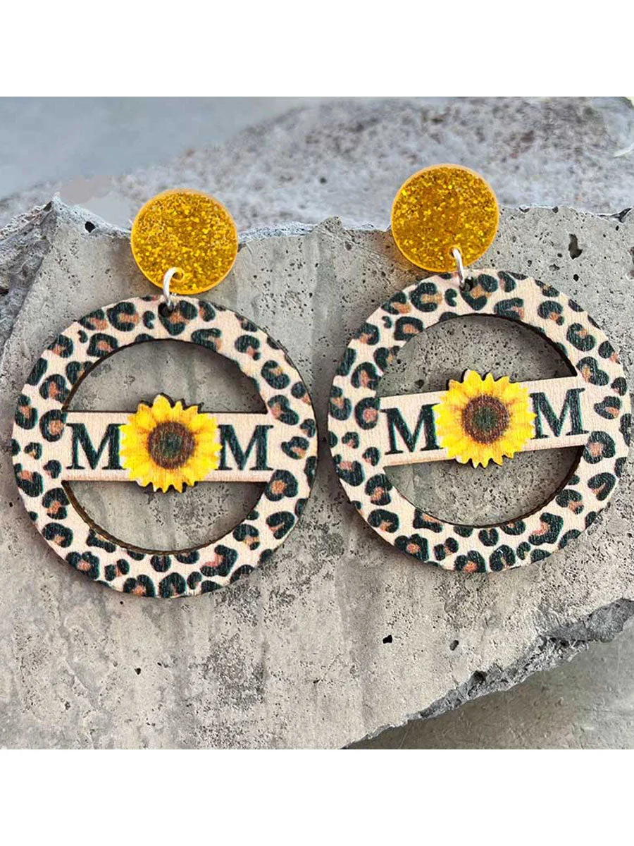 Cutout Mom Sunflower Leopard Vintage Earrings