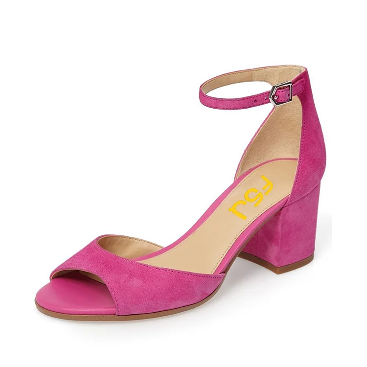 Magenta Soft Vegan Suede Chunky Heels Peep Toe Ankle Strap Sandals |FSJ Shoes