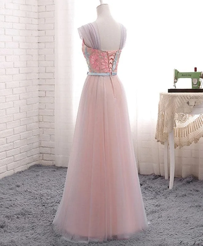 Pink A Line Sweet Neck Lace Tulle Long Prom Dress, Evening Dress