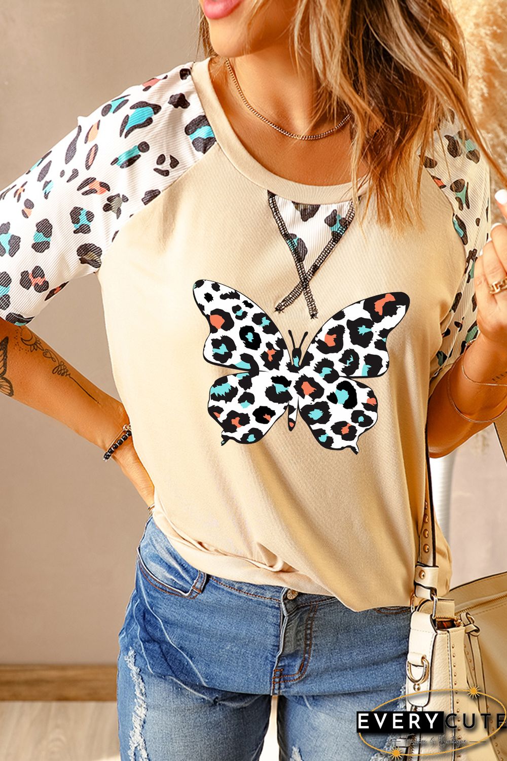 Khaki Leopard Butterfly Color Block Short Sleeve T-shirt