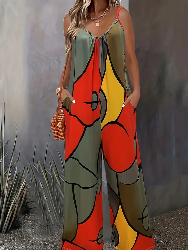 Women's Color Block Abstract Print Sleeveless Jumpsuit - V-Neck Loose Fit Casual Romper With Pockets, Machine Washable Lightweight Summer Dress For Spring & Summer, Ladies Rompers And Jumpsuits, Warm Weather Fashion, Bold Pattern, Comfortable Wear