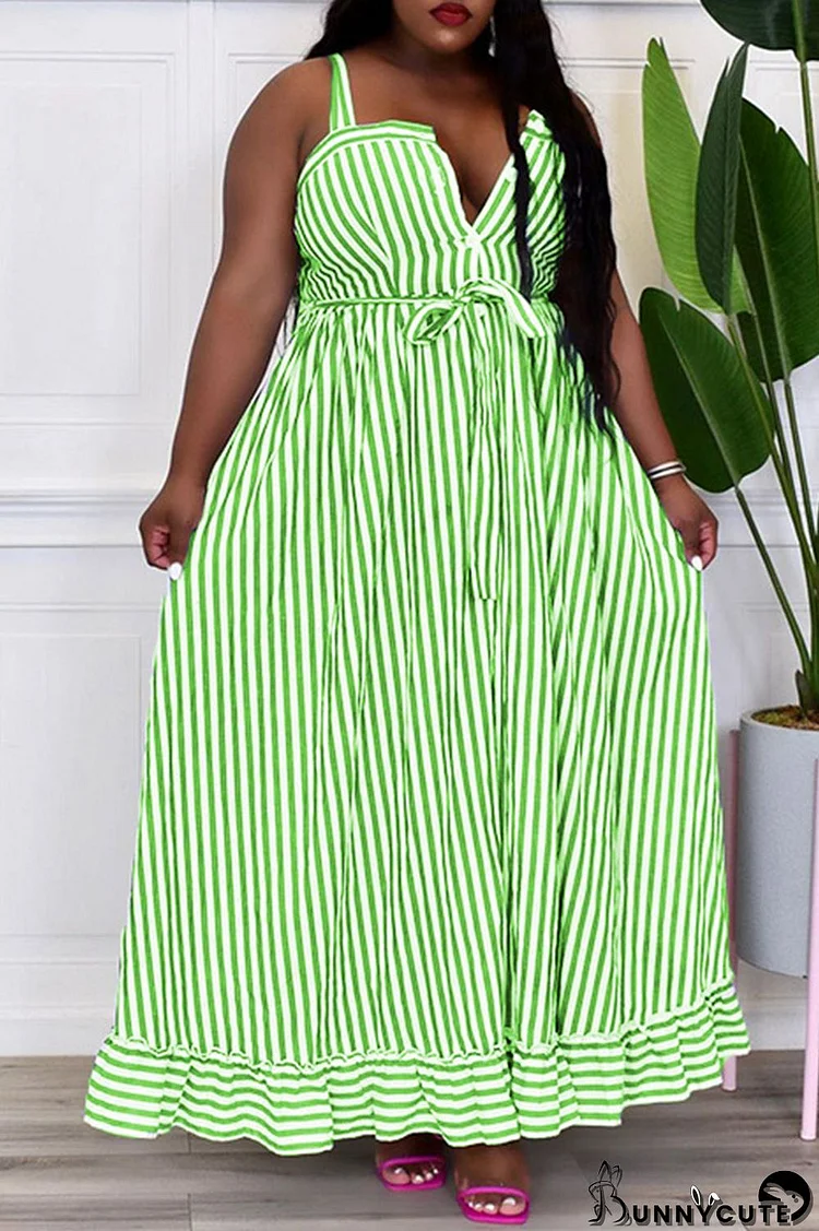 Green Casual Sweet Striped Print Patchwork Buckle Spaghetti Strap Sling Dress Dresses