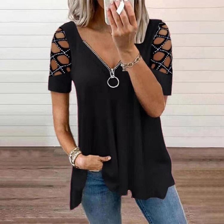 V-neck Solid Hollow Sleeve Casual Top