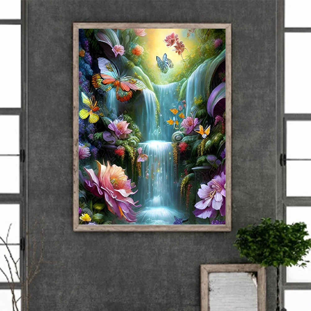 Diamond Painting - Full Round Drill - Flower Butterfly Waterfall(30*40cm)