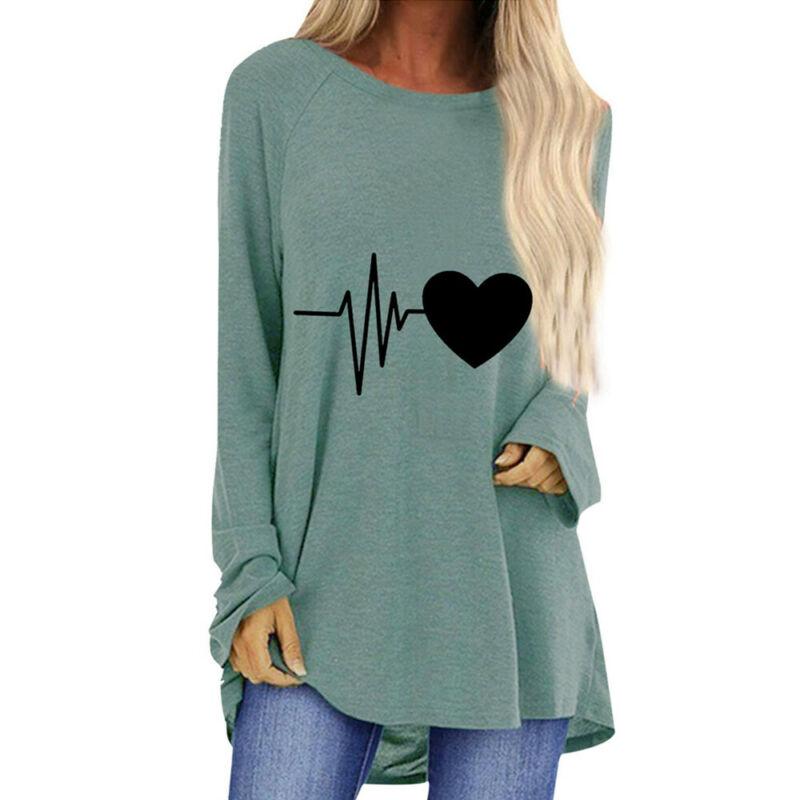 Loose T Shirt Women Printed Top Spring Crew Neck Long Sleeve Heartbeat Love Printing Pullover T Shirts Female Women Clothing