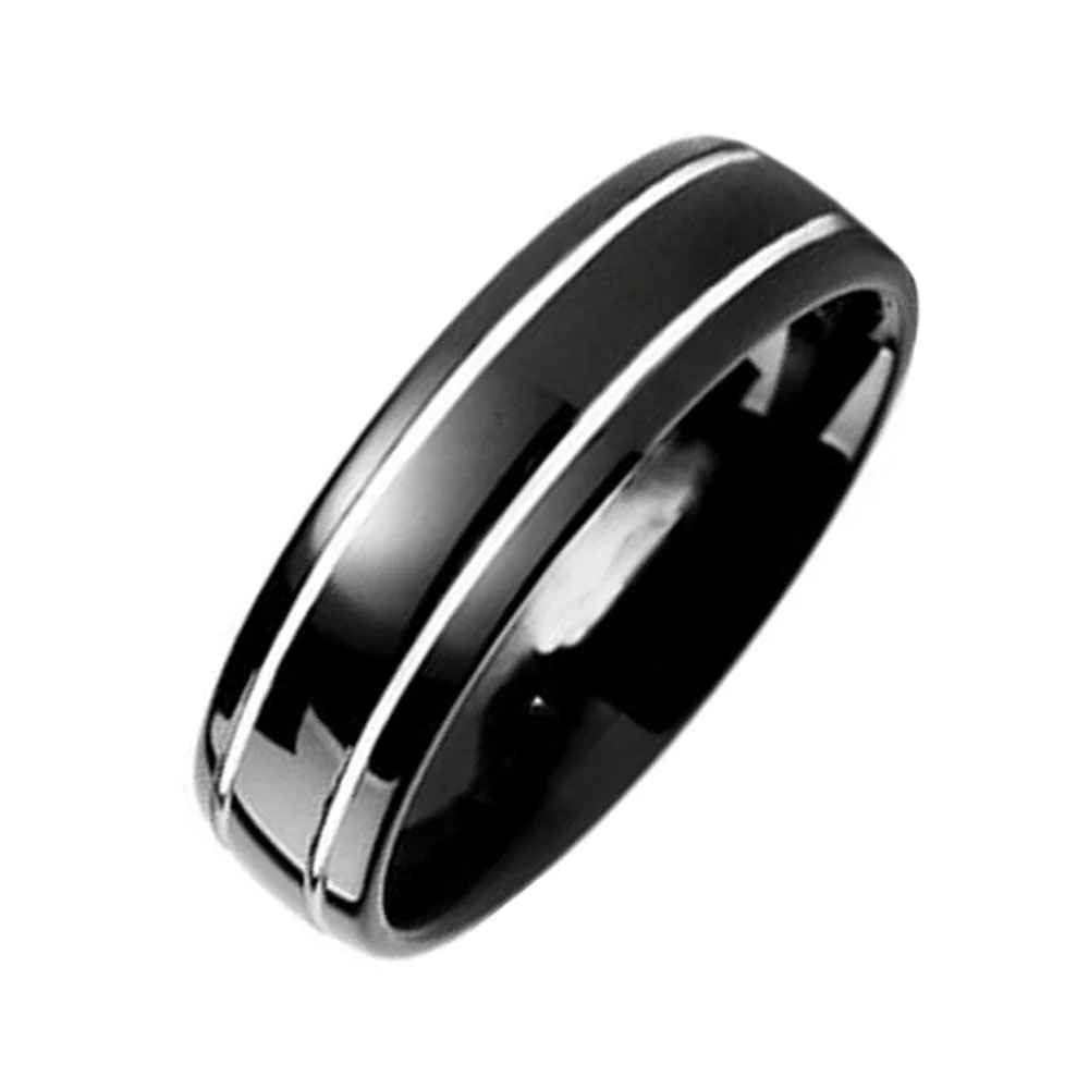 6MM 8MM Mens Black Two Pinstripe Tungsten Full Arc Wedding Bands