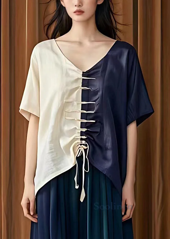 Pre sale - shipping in 30 days/French Navy V Neck Lace Up Patchwork Cotton T Shirts Summer