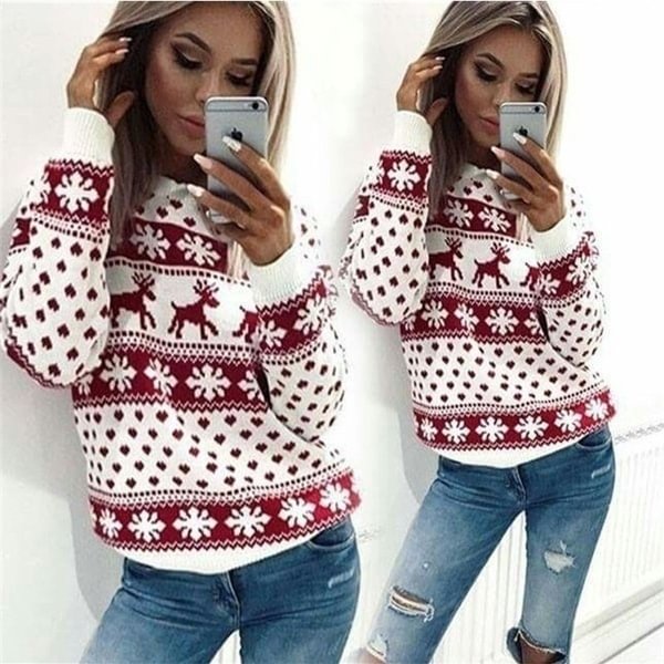 Fashion O-neck Pullover Oversized Knit Sweater Top Women Christmas Snowflake Reindeer S-8XL Plus Size - Shop Trendy Women's Fashion | TeeYours