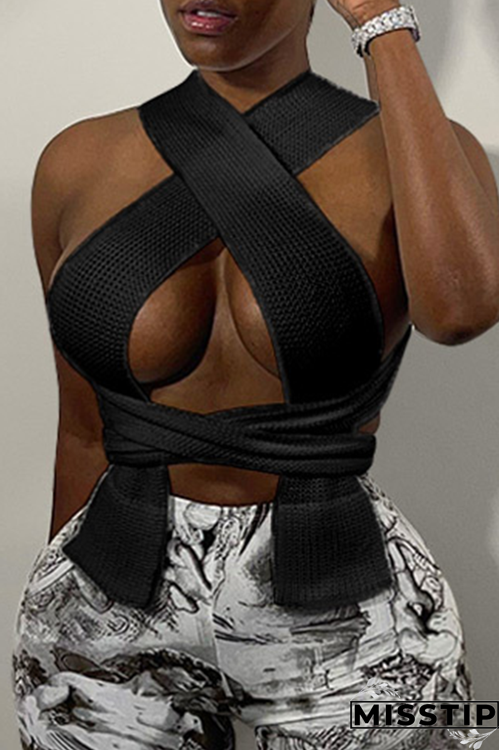 Black Sexy Solid Hollowed Out Patchwork Halter Tops