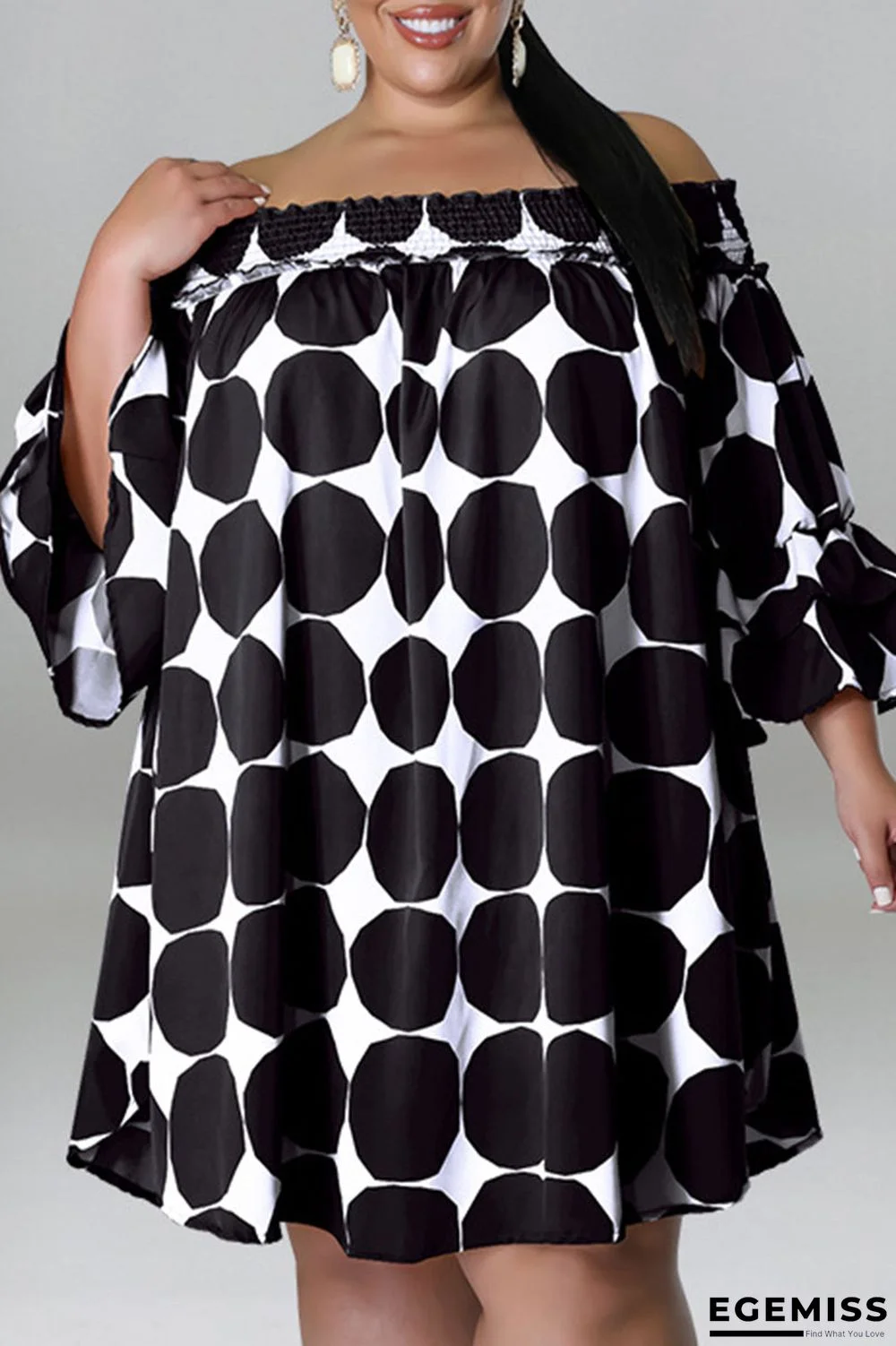 Black Casual Print Polka Dot Patchwork Off the Shoulder Plus Size Dresses | EGEMISS