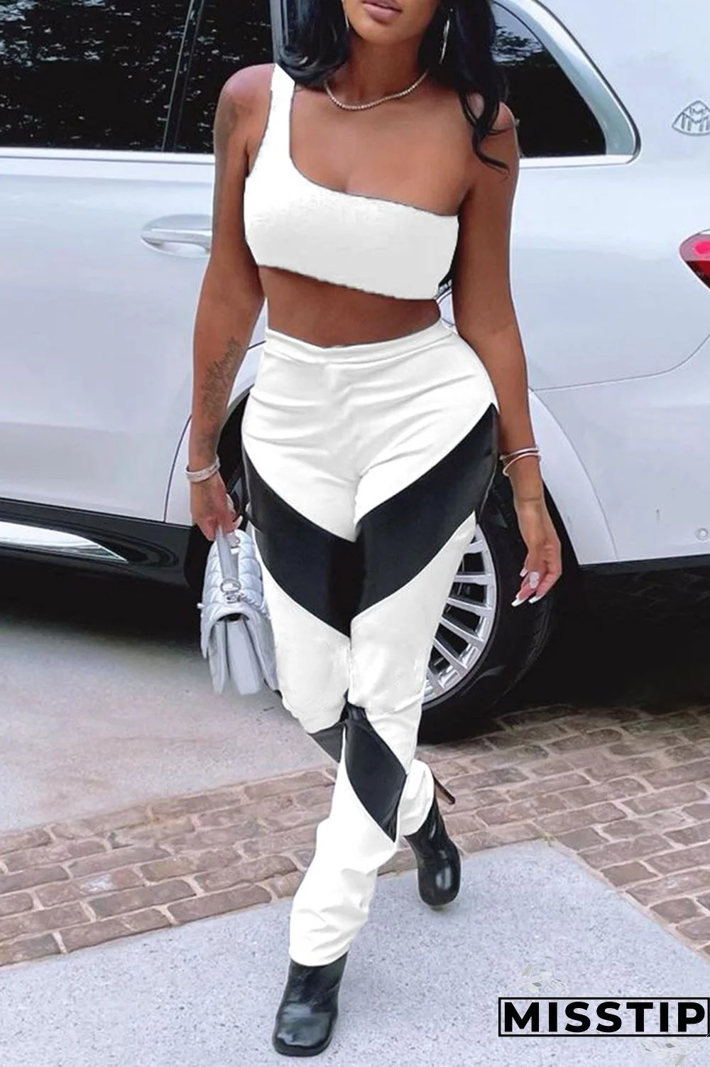 White Fashion Casual Patchwork Backless One Shoulder Sleeveless Two Pieces