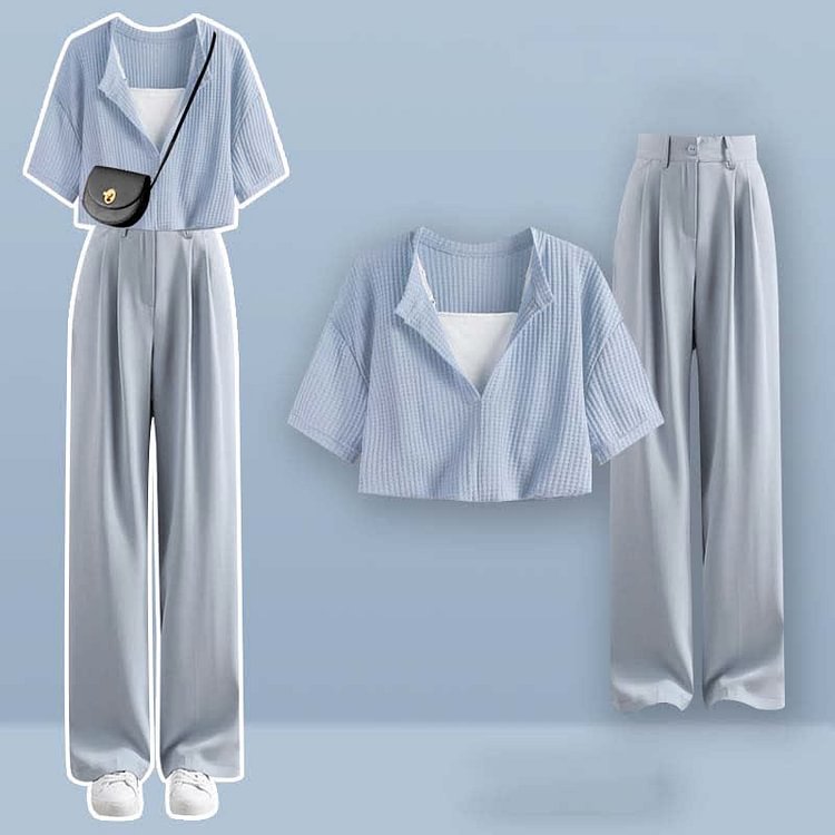 Fake Two Pieces Crop Top T-Shirt Casual Pants Two Pieces Set - Modakawa modakawa