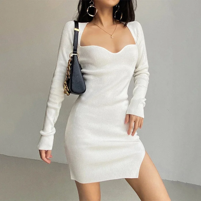 High Stretch Knitted Square Neck Ribbed Long Sleeve Bodycon Dresses