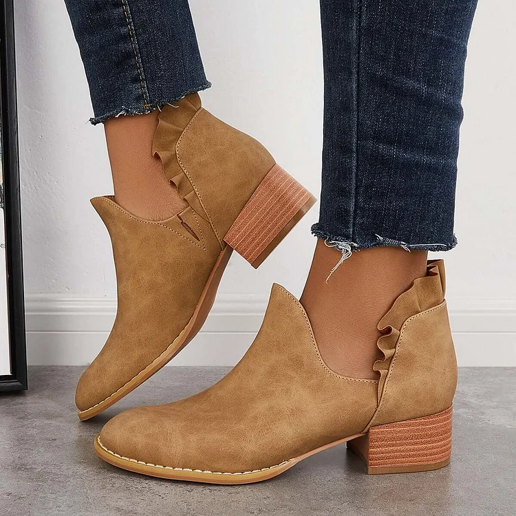 Cutout Slip on Ankle Boots Ruffle Chunky Heel Short Booties
