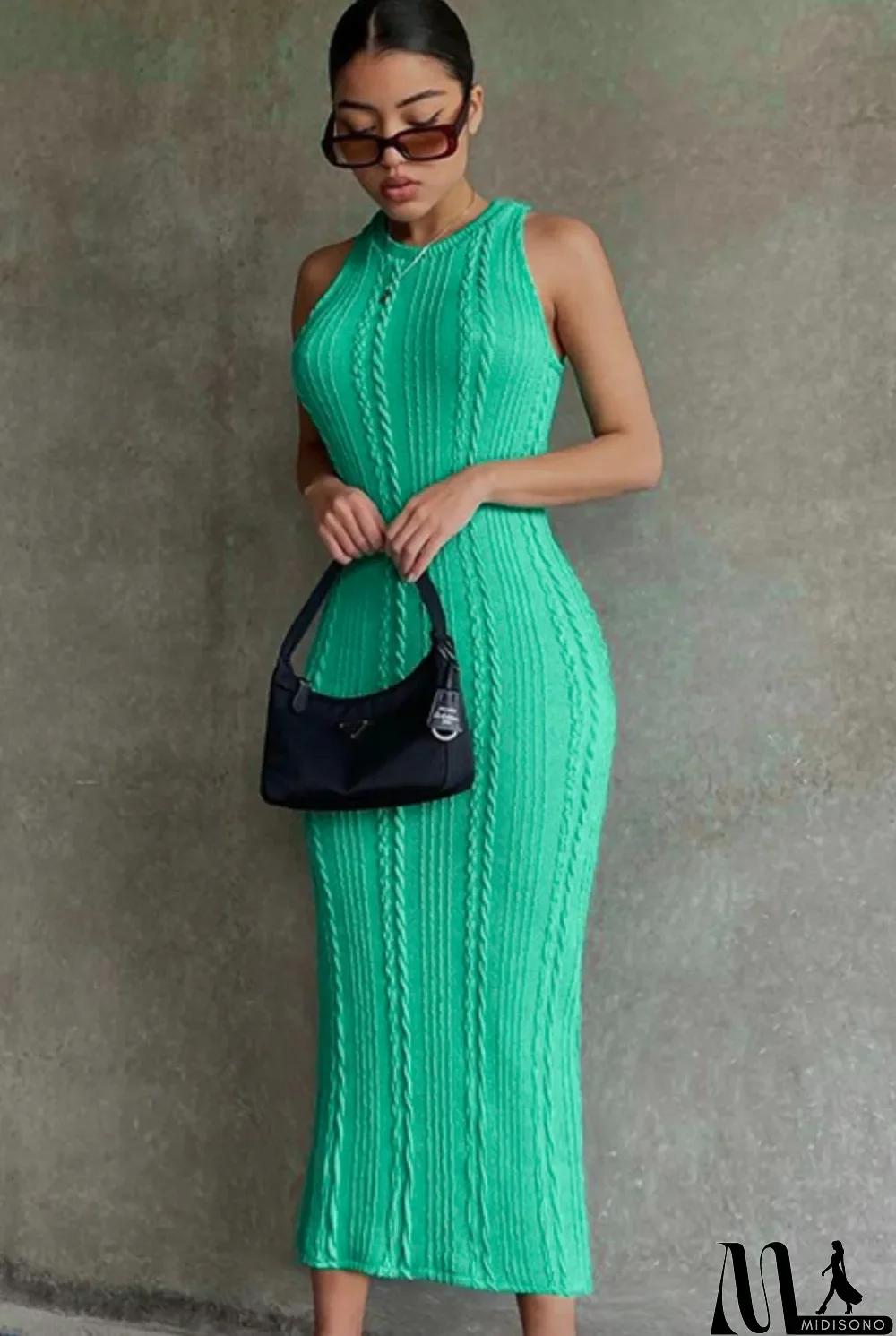 MidiSono - Fall Elegant Sleeveless Green Knitting Midi Dress