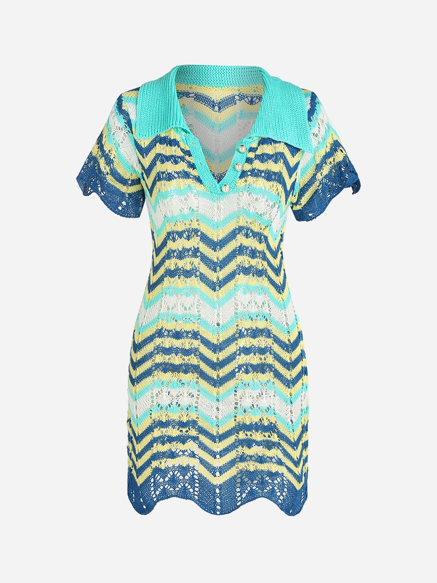 Knitting Turndown Collar Striped Short Dress