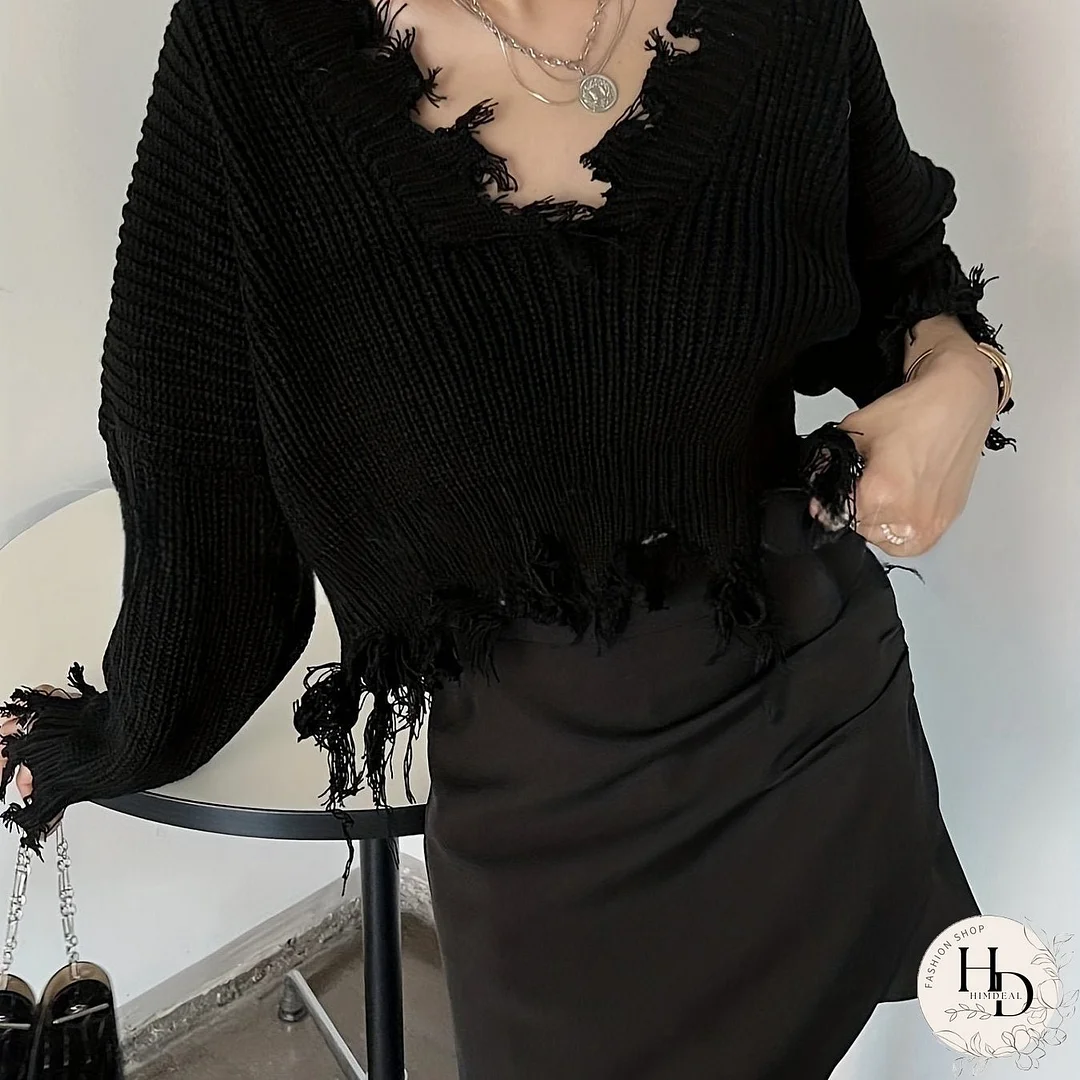 Vintage V Neck Ripped Knit Sweater, Elegant Long Sleeve Raw Hem Loose Sweater, Women's Clothing