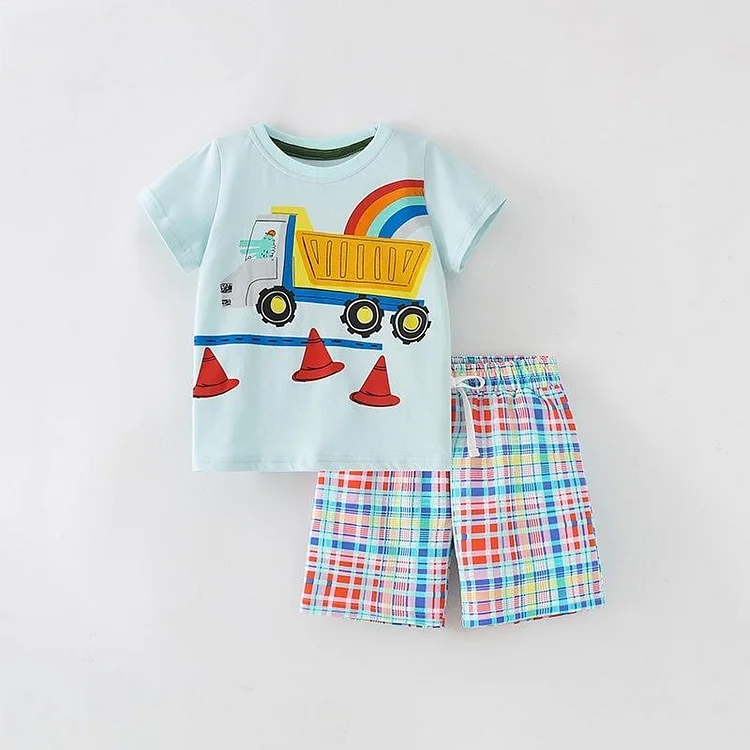 2pcs Baby Toddler Boy Truck Print T-Shirt and Plaid Shorts Set