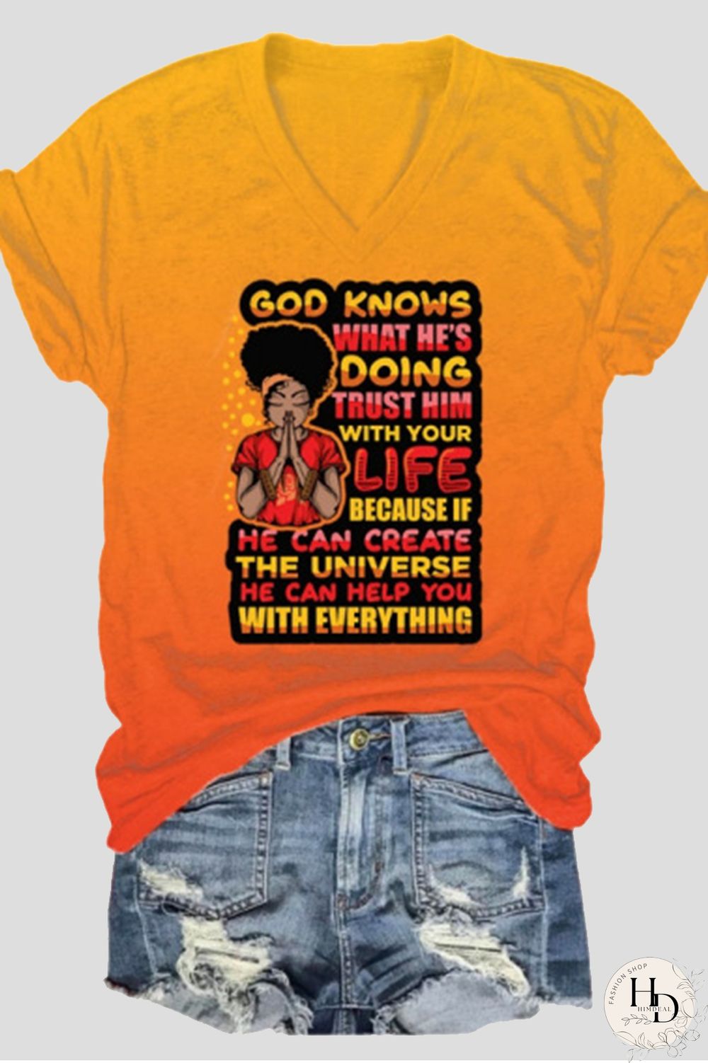 Pink Orange Fashion Casual Gradual Change Print Basic V Neck T-Shirts