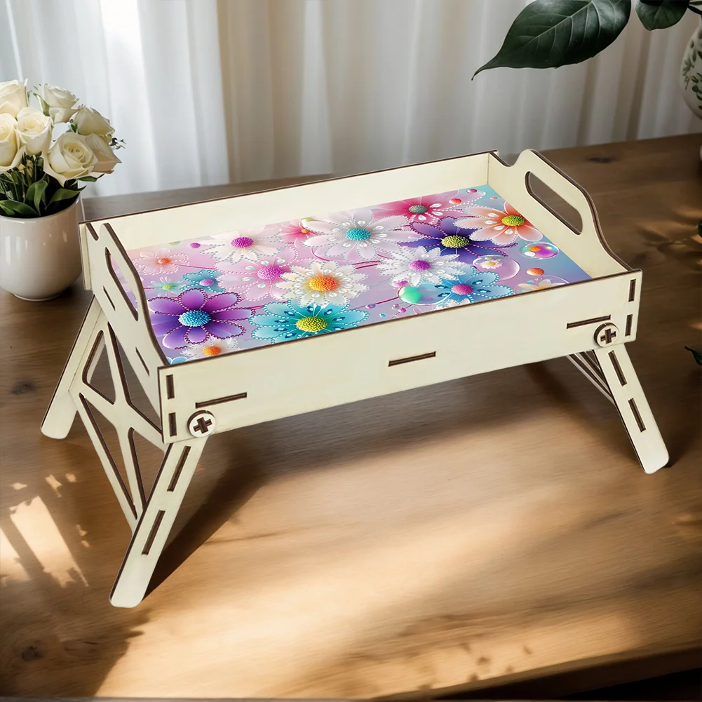 5D DIY Flower Diamond Painting Wooden Serving Tray with Handle for Home Decor