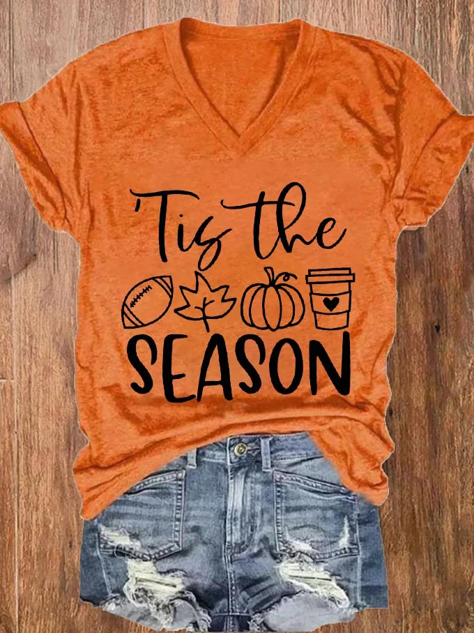 🔥Buy 3 Get 10% Off🔥Women's Tis The Season Football Fall Pumpkin Drinking Maple Leaf Print V-Neck T-Shirt