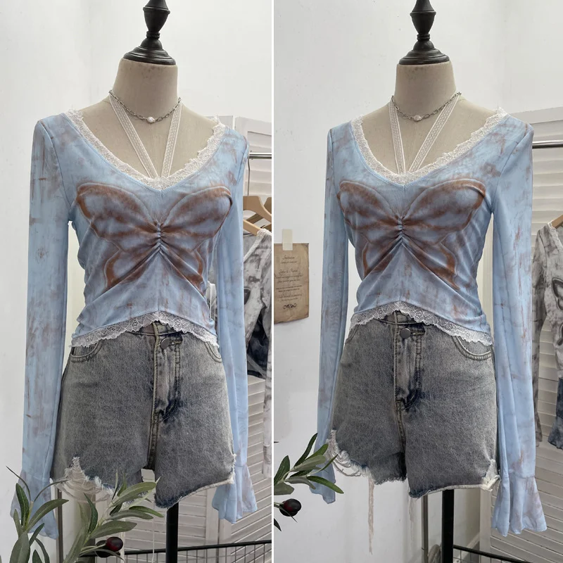 Nigikala Nigikala Shot Micro-Permeable Mesh Butterfly Print Splicing Lace Hanging Neck Horn Long-Sleeved T-Shirt Repair Short Top 1286
