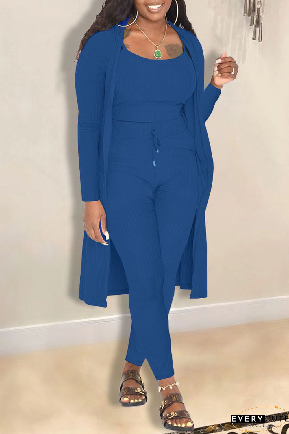 Casual Solid Cardigan Vests Pants Long Sleeve Three Piece Set