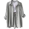 Women's Wrinkled Fabric Casual Long Sleeve Shirt High Waist Drawstring Shorts Two-piece Set