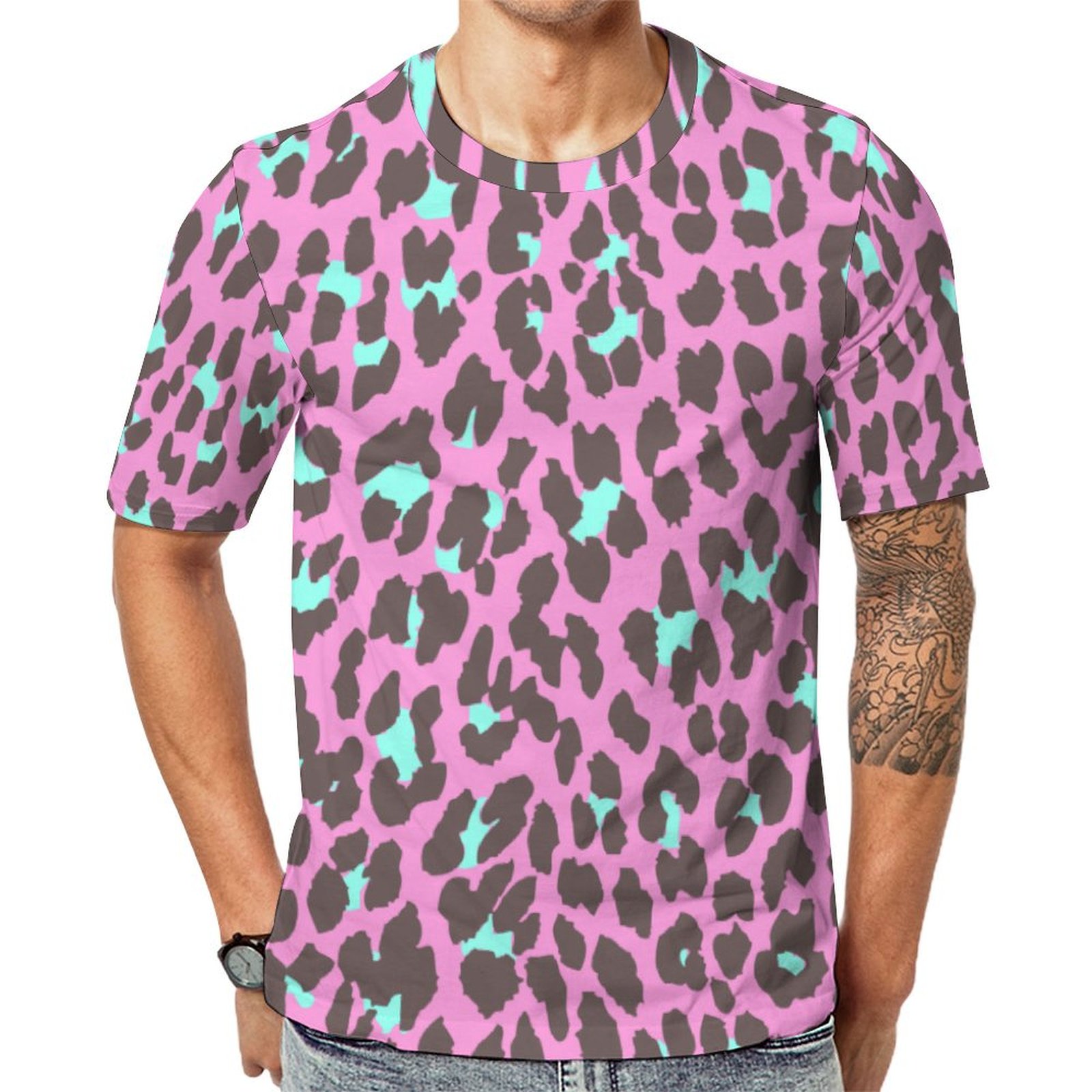 Girly Pink Aqua Black Leopard Animal Print Short Sleeve Print Unisex Tshirt Summer Casual Tees for Men and Women Coolcoshirts