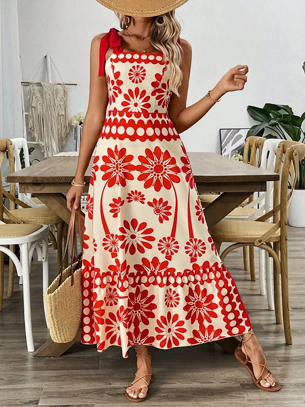 Elasticity Flower Print Pleated Tied A-Line Loose Spaghetti-Neck Midi Dresses