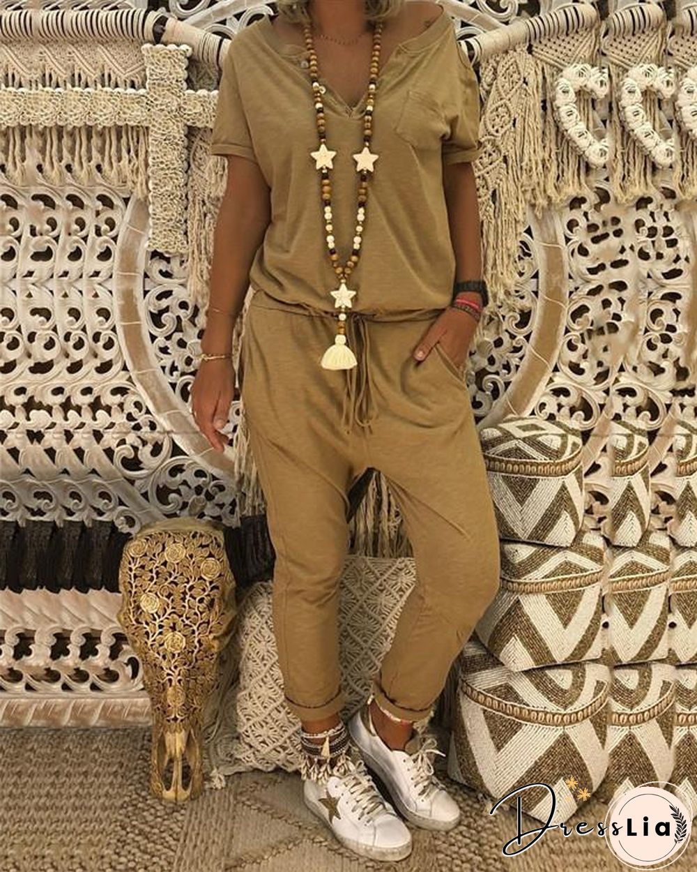 Cotton-blend Casual Crew Neck Solid Plus Size Jumpsuit