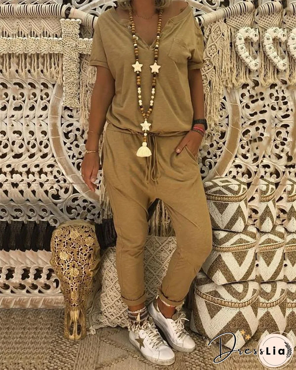 Cotton-blend Casual Crew Neck Solid Plus Size Jumpsuit