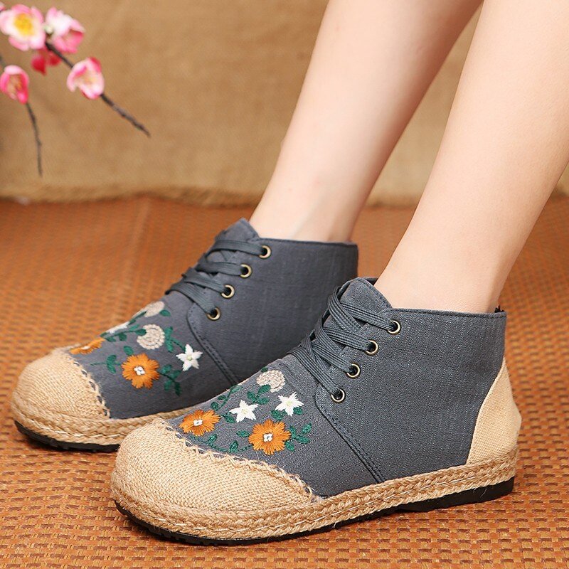 Yyvonne Women Shoes Handmade Vintage Embroidered Flats Booties Shoes High Top Lace Up Canvas Sneakers Linen Casual Leisure Espadrilles