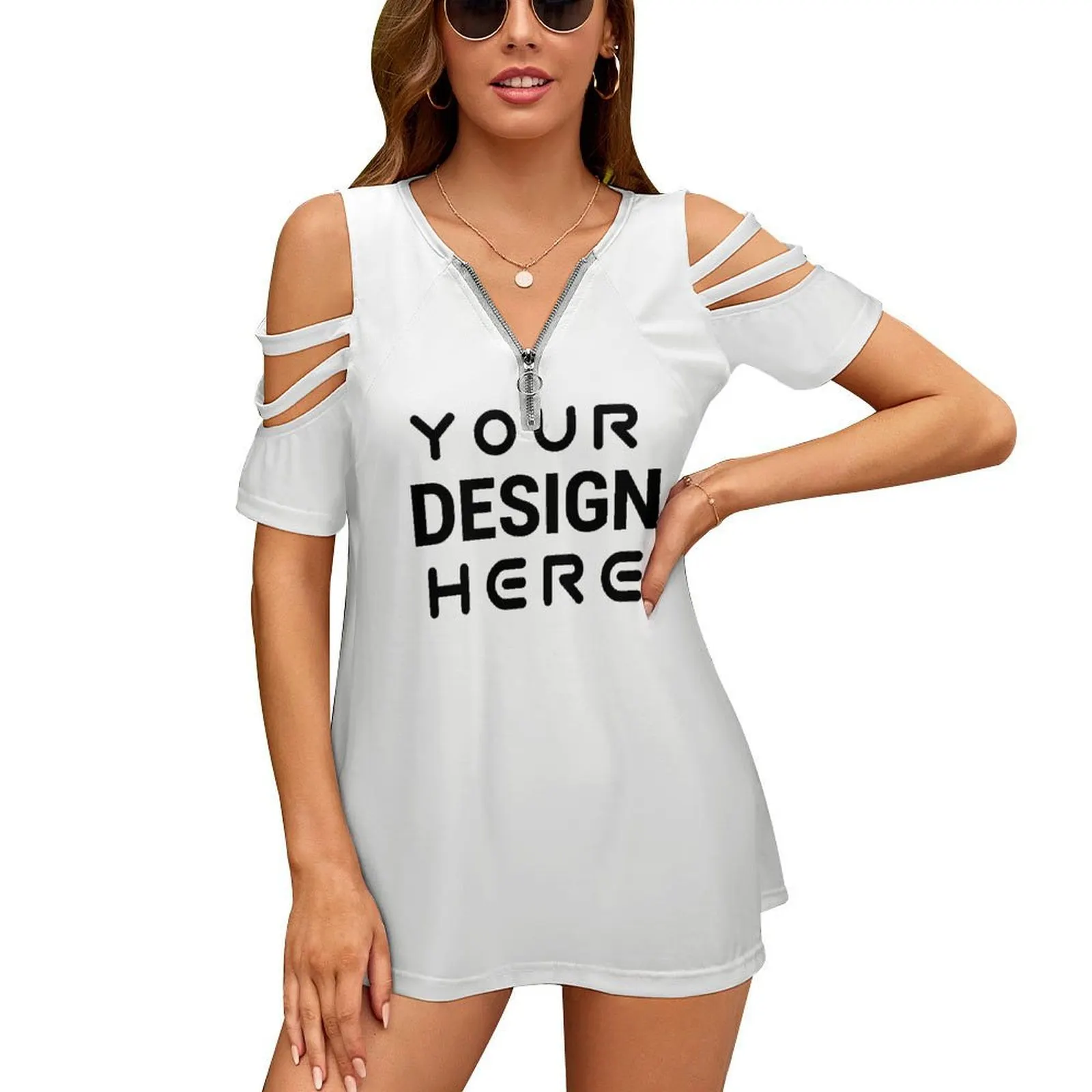 Customisable Tops Personalized Custom Women's BE Zip Off Shoulder Top Full Print