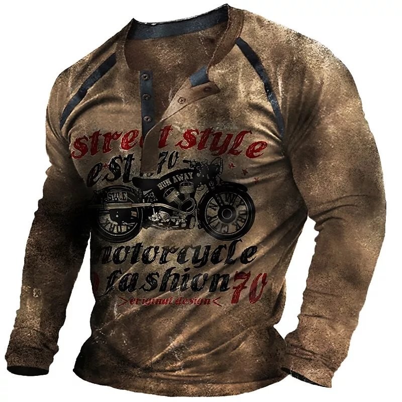 Men's 3D Print Graphic Patterned Motorcycle Henley Button-Down Long Sleeve T-Shirt