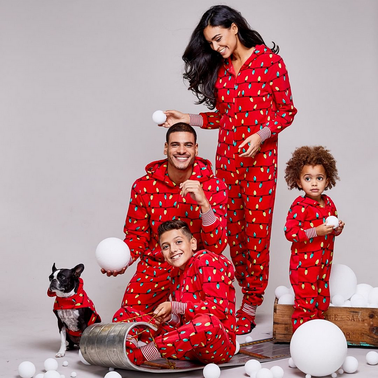 Christmas Light Print Parent-child Hooded One-piece Pajamas