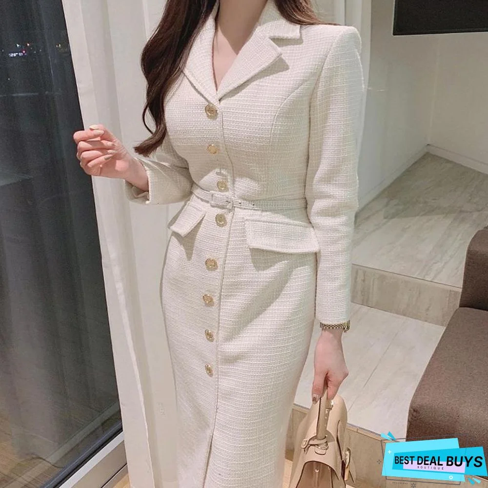 Regular Fit Plain Lapel Collar Long sleeve Urban Midi Dress