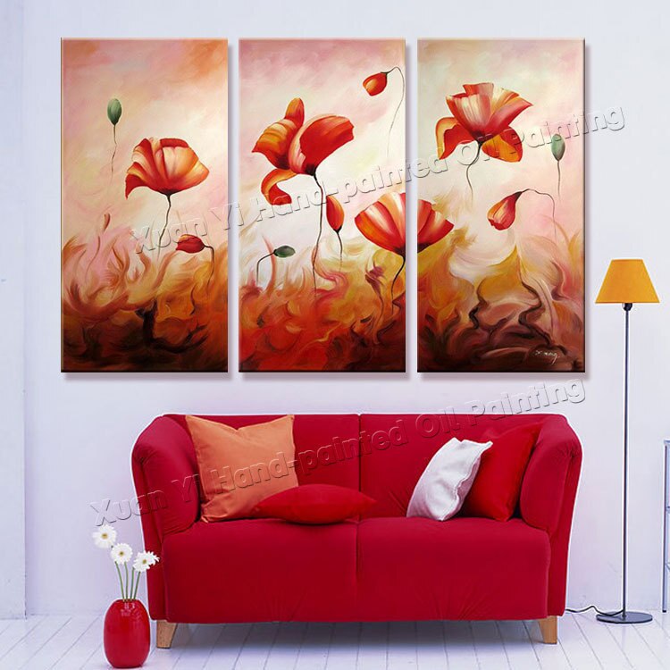 3 Pieces Canvas Hand-painted Artwork Floating Pink Roses Landscape Oil Painting On Canvas Home Decoration Wall Art