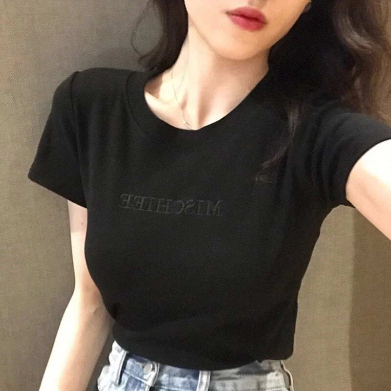 Summer T-shirts Women Short Sleeve Tees Letter Embroidery Leisure Chic Simple Slim Womens Tshirt Loose Plus Size Ins Harajuku BF