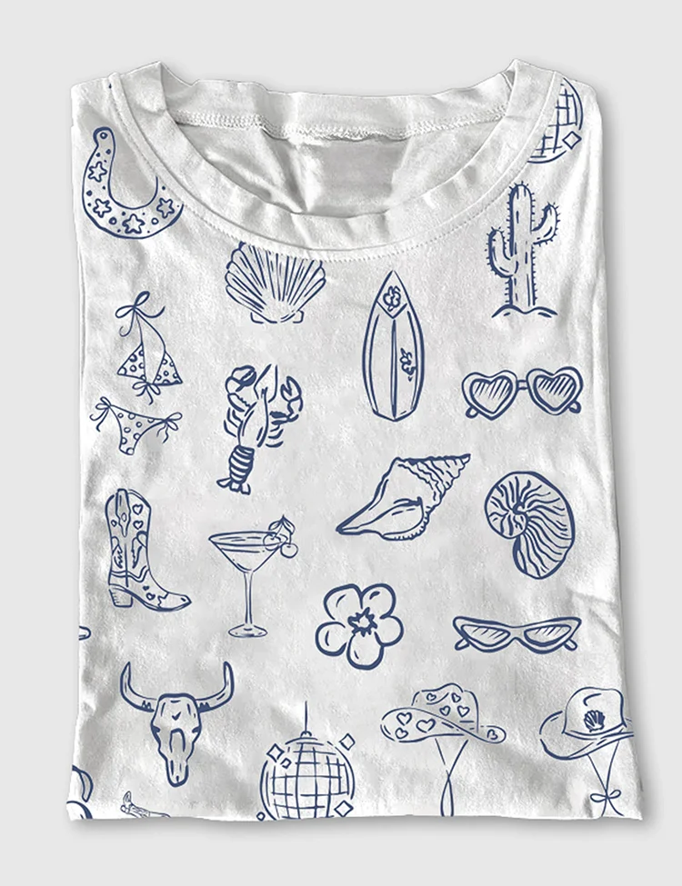 Women's Cowgirl Coastal Bachelorette Hand Drawn Whimsical Short Sleeve T-Shirt