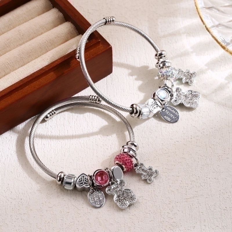 Elegant Cute Oval Bear 304 Stainless Steel Alloy Rhinestones Bangle In Bulk
