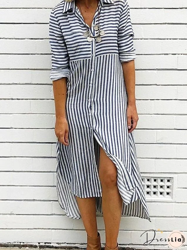 Shirt Dress Casual Dress Shift Dress Midi Dress Polyester Classic Casual Outdoor Daily Shirt Collar Button Split Half Sleeve Summer Spring Fall Loose Fit Blue Striped S M L XL 2XL for Women