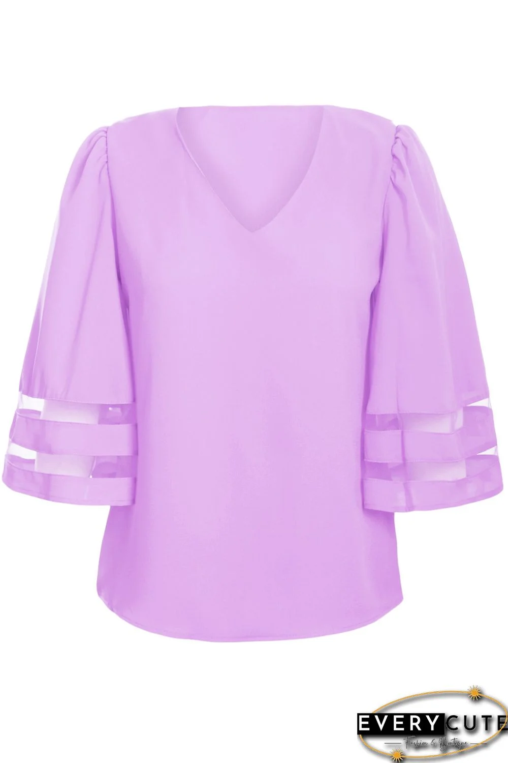 Purple Flare Sleeve V Neck Loose Blouse