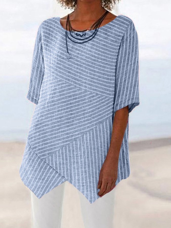 Women's Cotton Linen Fashion Round Neck Irregular Hem Striped Half Sleeve Top