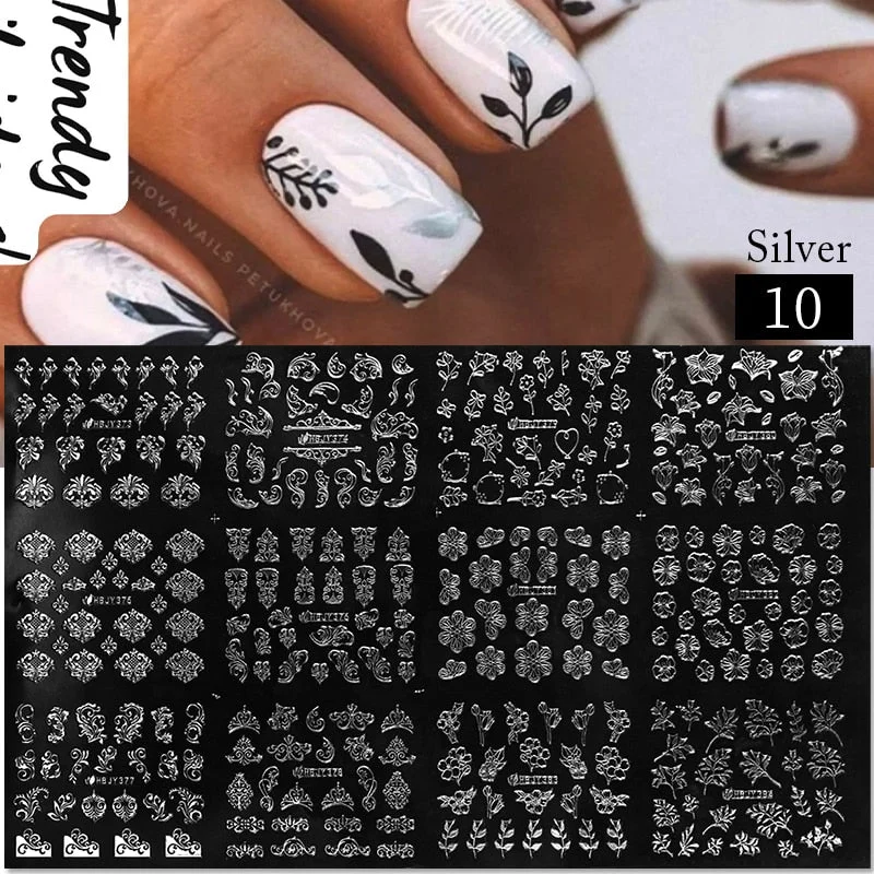 12pcs Flower Leaf Lace 3D Stickers for Nail Decals Mandala Flowers White Black Slider Manicure DIY Nail Art Decoration Tools-Nail Inspo