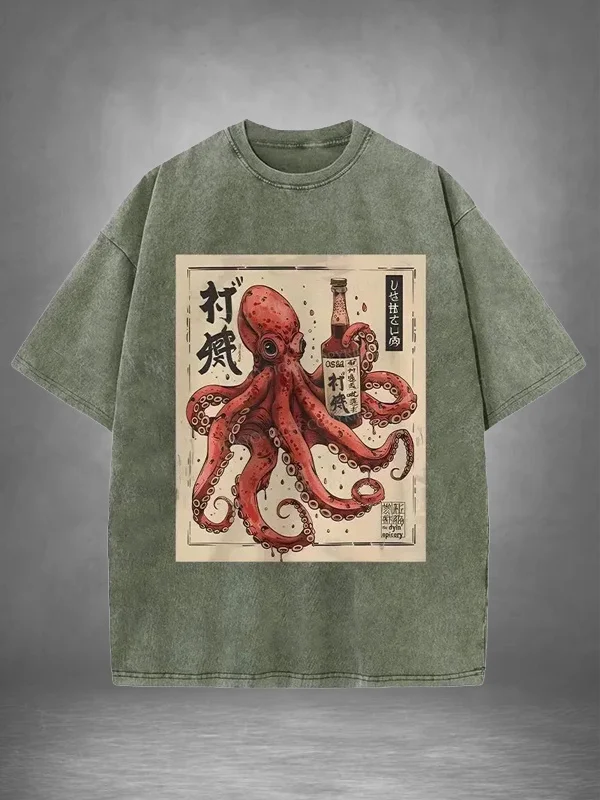 Men's Japanese Art Octopus Illustration Print Casual Washed T-Shirt