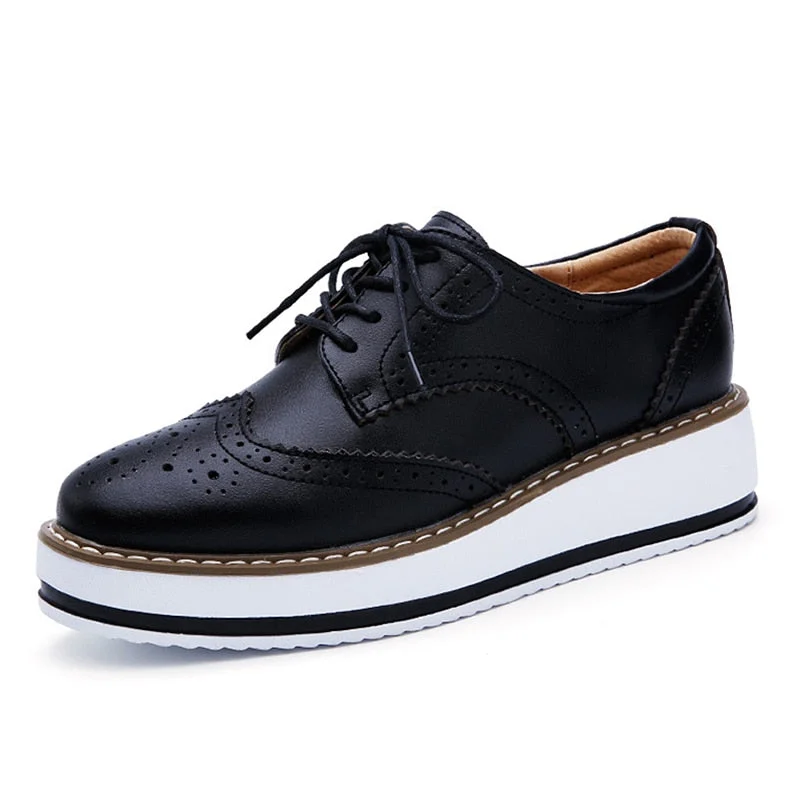 Genuine Leather Shoes Women Flats Oxford Lace Up Striped Platform White Black Fashion Vintage Platform Brogue Shoes Woman