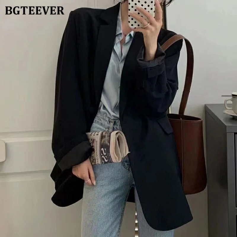 BGTEEVER New Spring Autumn Loose  Women Jacket Blazer Casual Notched Collar Long Sleeve Female Jackets 2021 Ladies Suit Coats